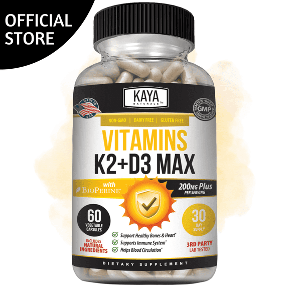 Kaya Naturals Vitamins K2 with D3 5000IU Supplement - Bone and Heart Health Supplement - Easy to Swallow Supplement - Bioperine Capsules - 60 Veggie Count