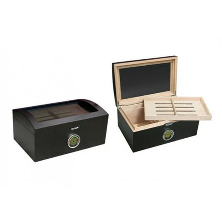 Black Finish Humidor - Portofino Dome Style Tinted Glass Cigar Humidor - Smooth Matte Black Finish - Capacity: 120