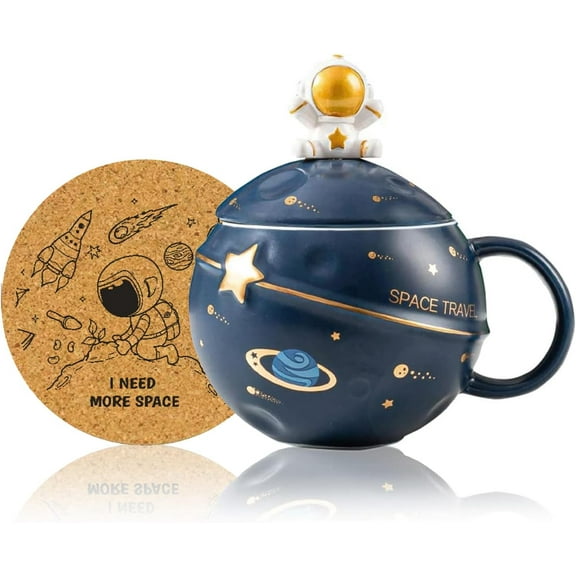 Kawaii Astronaut Cup Space Embossed Planet Mug, Cute Ceramic Coffee Mug, Novelty Mug with Lid and Spoon for Coffee, Tea, Milk, Aesthetic Room Decor Funny Gift for Girl Boy Women (Dark blue)