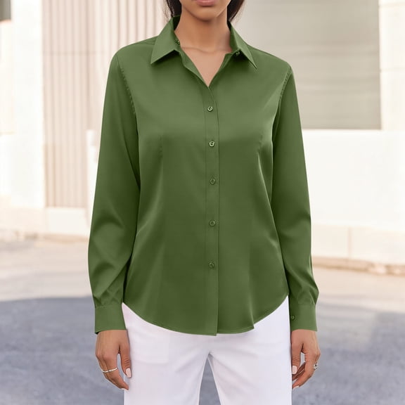 Women's Button Down Shirts Stand Collar Long Sleeve Tops Basic Classic T Shirts Soft Shirt Lightweight Slim-Fit Blouses Fashion Business Casual Outfits Spring Summer Clothes Green S