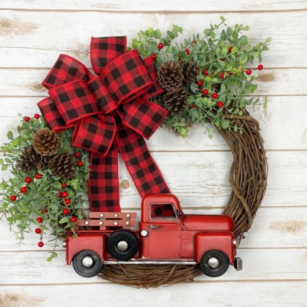 10 Inches Christmas Wreath Red Truck Berry Artificial Pine Wreath Winter Garland for Front Door Shop Fireplaces Walls Windows New Year Decor