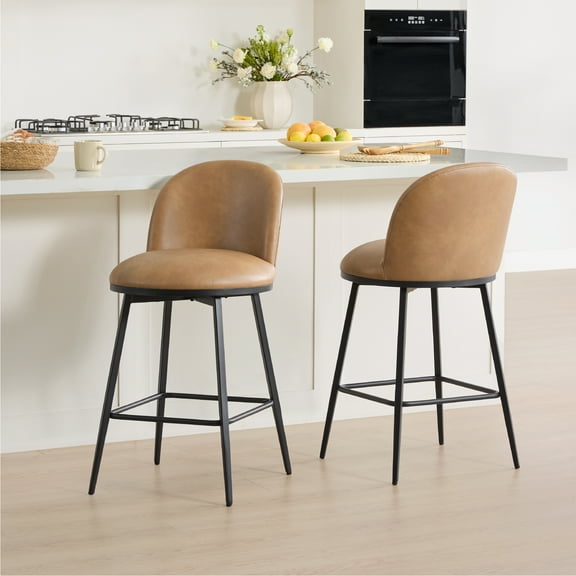 Spruce & Spring Counter Height Swivel Bar Stool with Metal Frame Set of 2, Cognac