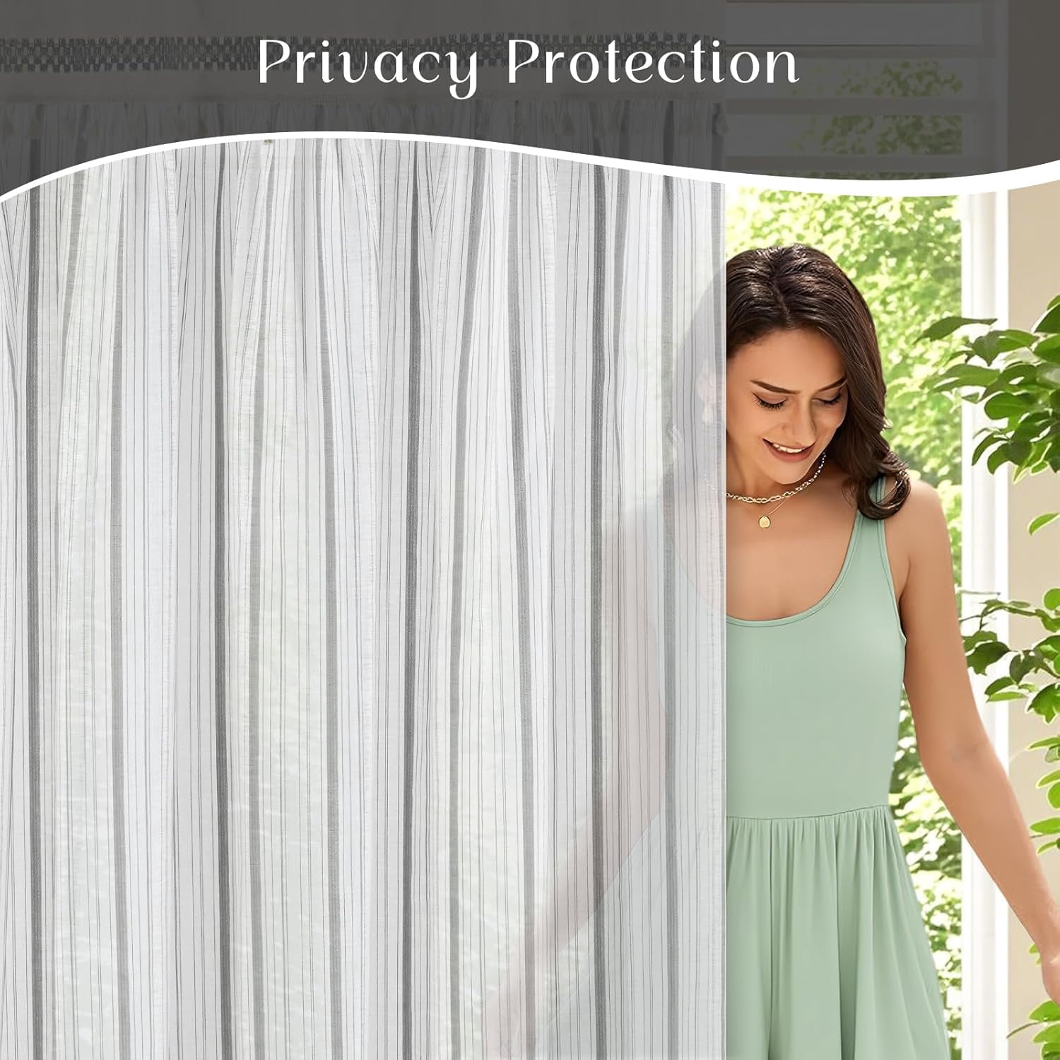 Alishomtll Boho Linen Light Filtering Curtains 63 Inches Long Farmhouse Rustic Striped Drapes Macrame Burlap ,Rod Pocket  ,Gray ,with Tassel