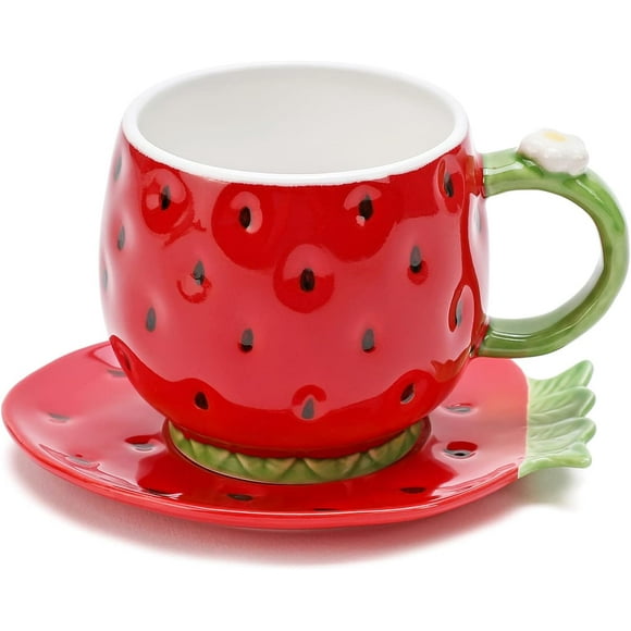 Ceramic Tea Cup and Saucer Coffee Mug Strawberry Coffee Cup with Saucer - 8 Ounce (Red)