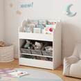 thumbnail image 2 of Kids Bookcase Toy Storage Organizer, Multi-Functional Wooden Book Organizer with Storage Bins and Drawer for Bedroom Playroom, White, 2 of 7