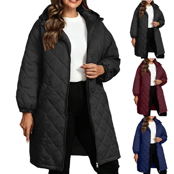 MexChoioe Womens Mid Length Puffer Outerwear Hood Full Zip Long Sleeve Elastic Cuff Quilted Plus Size Winter Coat for Womens