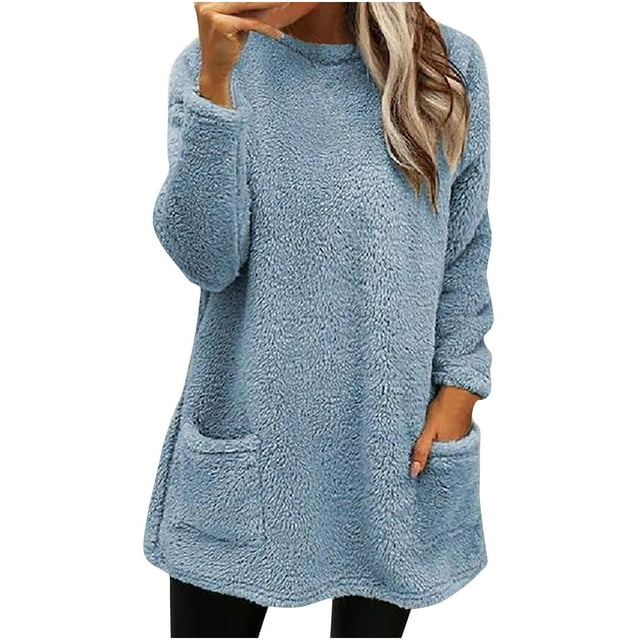 tarylea Hauts pour Femmes d'Hiver en Peluche Chandail à Enfiler Col Rond Manches Longues Tunique avec Poches Couleur Unie Décontracté Ample Hauts Chauds Confortables Tenue Quotidienne Hauts