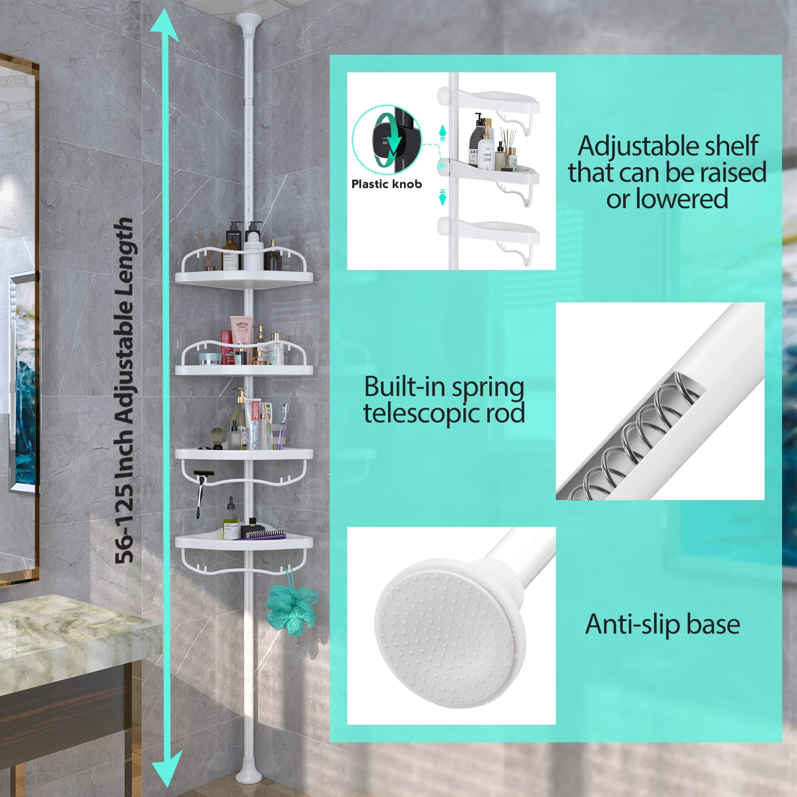 Shower Caddy Corner, Rustproof ABS Shower Organizer Corner with 32-125 inch Steel Poles, No Drill Shower Shelf, Corner Shower Caddy Tension 4 Shelves, White