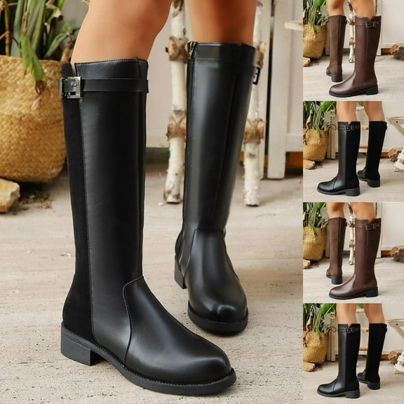LOVZFMLL Boots for Women Mid Calf Chelsea Boots Buckle Round Toe Slip Resistant Low Block Heel Leather Fall Winter Fashion