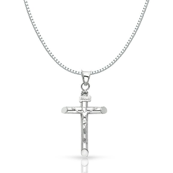 14K White Gold Crucifix Cross Religious Charm Pendant with 0.8mm Box Chain Necklace
