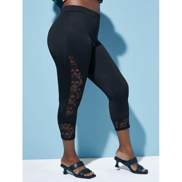 Talla grande Inserción de encaje Inserción Pura Leggings recortados Rosegal Leggings de talla grande