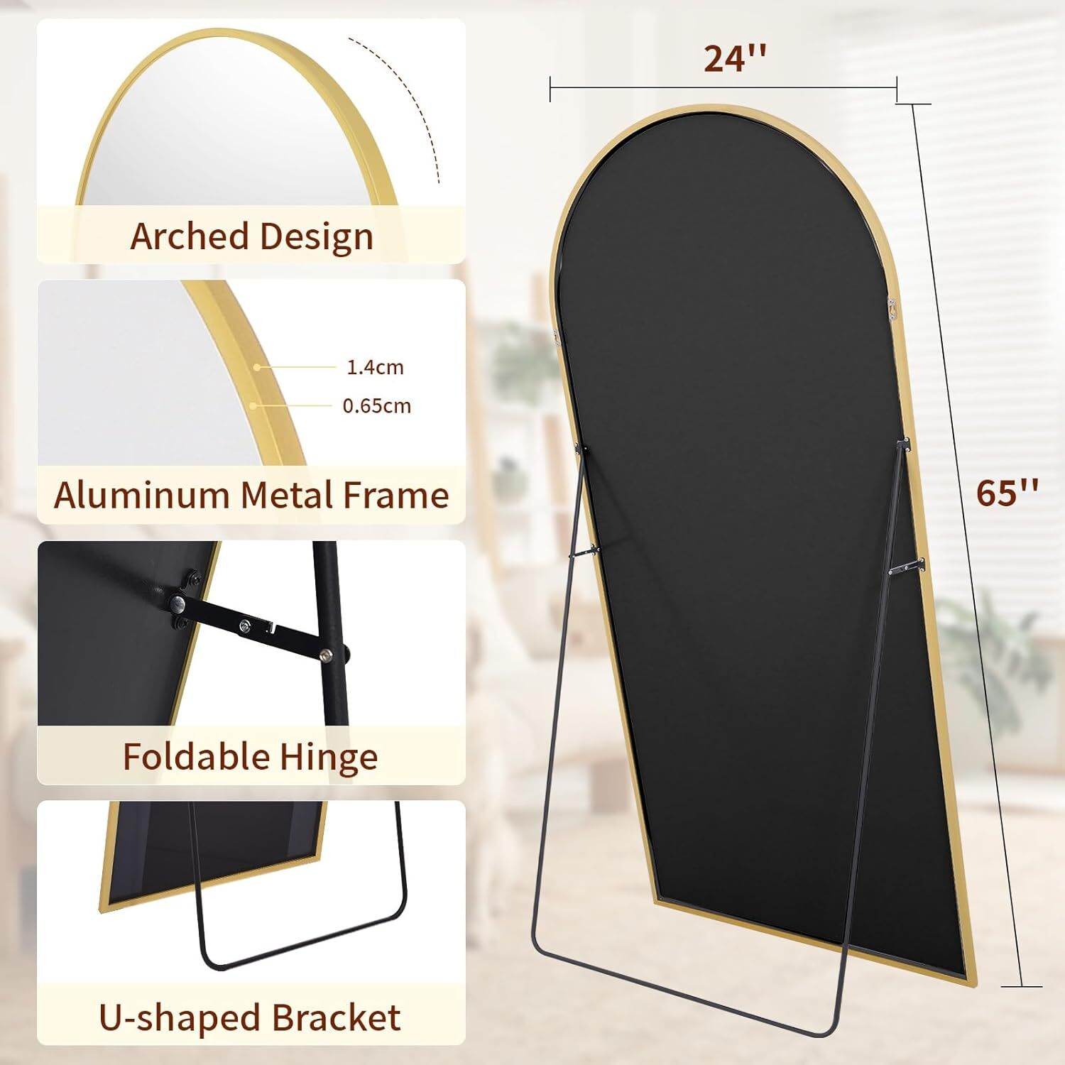 Easy4Home 65"x24" Arched Full Length Mirror Freestading Full Body Floor Mirror, Gold