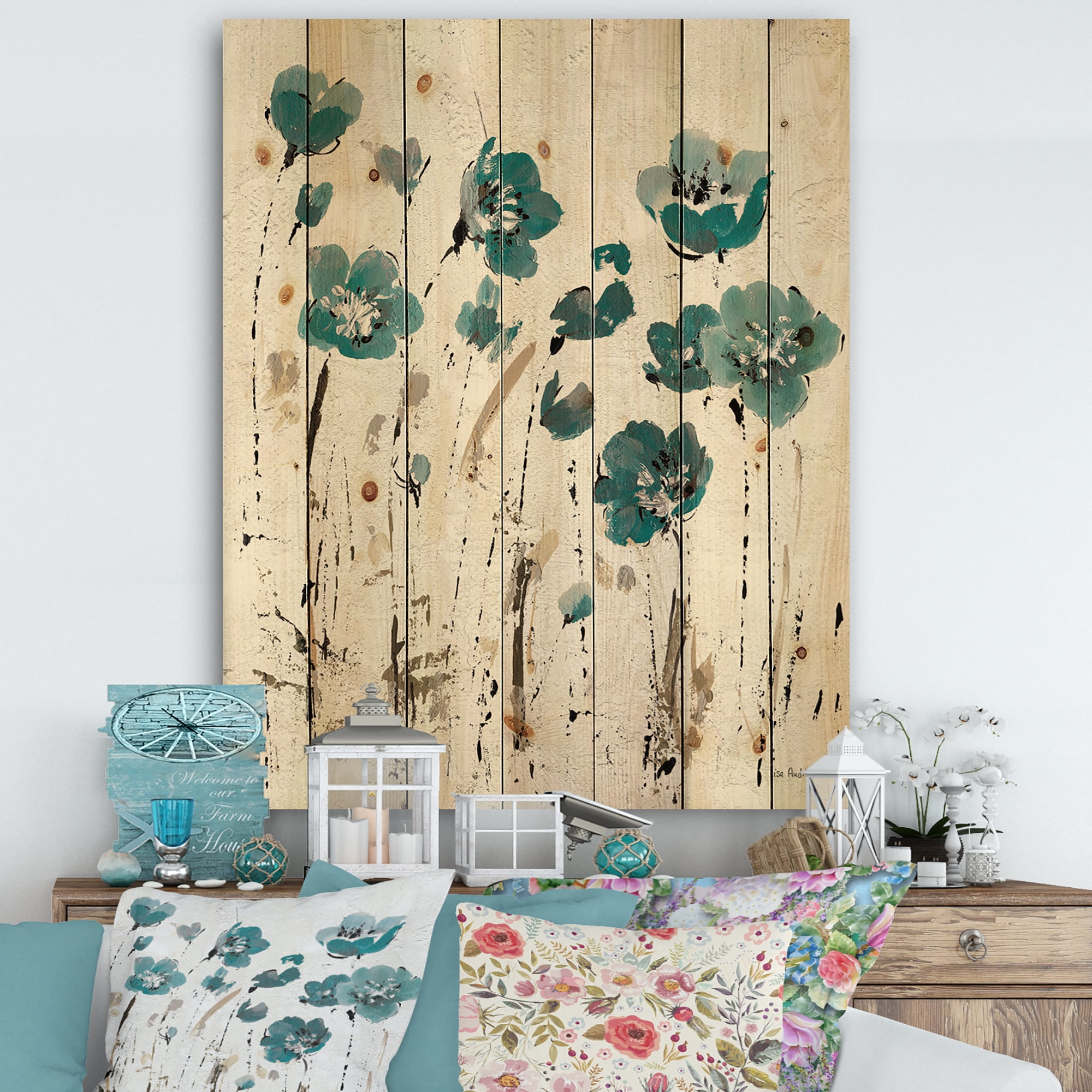Designart 'Fields of Turquoise Flower Watercolor II' Traditional Print on Natural Pine Wood
