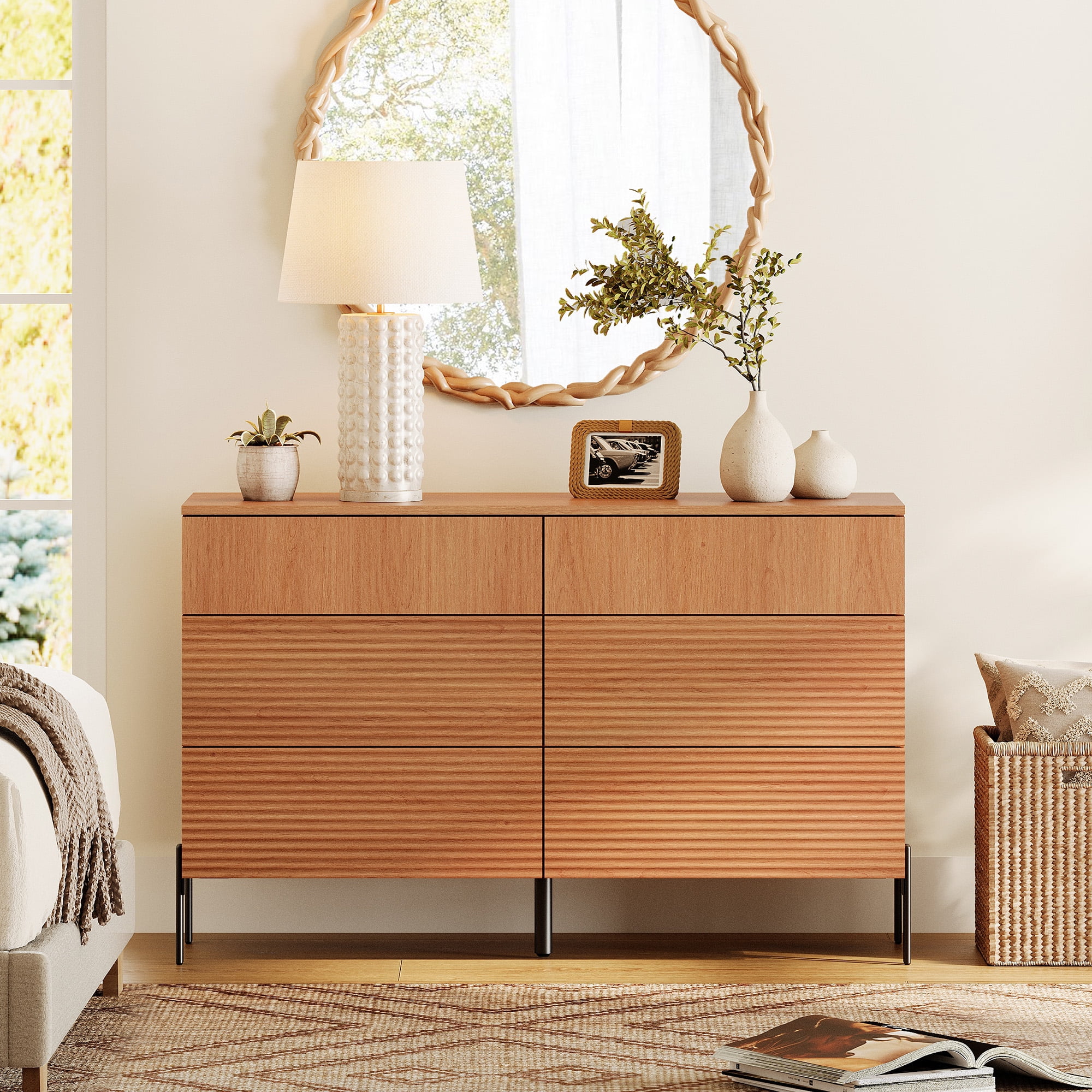 Minimalist 6-Drawer 47.2" W Rectangular Dresser With Reeded Details And Double-Stick Leg Design