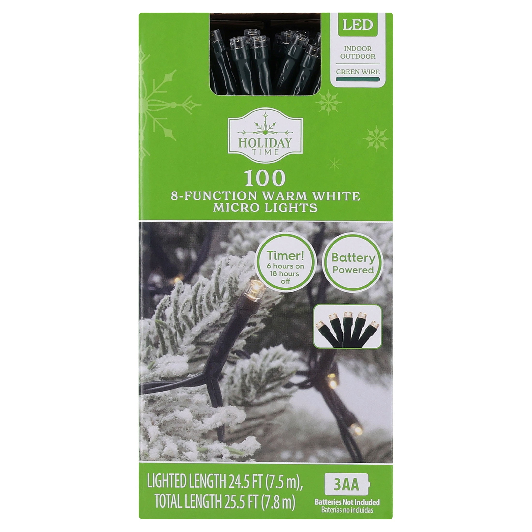Indoor/Outdoor 100-Count Battery-Operated LED 8-Function Micro Christmas String Lights, Warm White, Green Wire, 24.5', by Holiday Time
