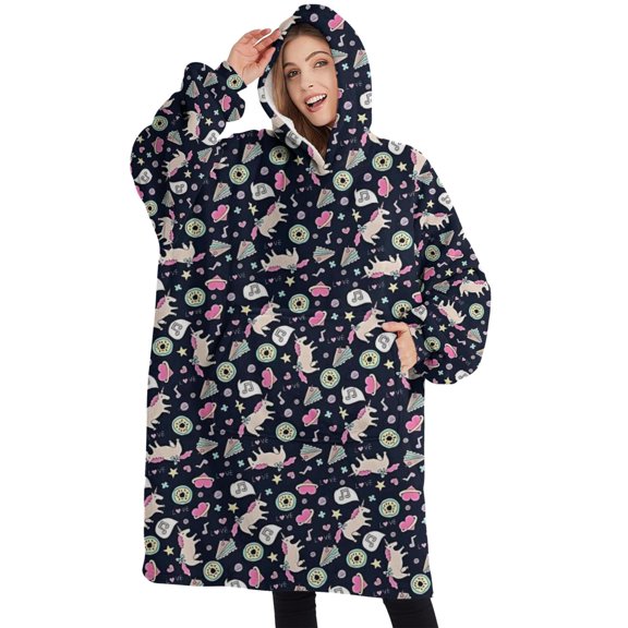 Oversized Wearable Blanket Hoodie,Dark Blue Cartoon Unicorn Pattern Sherpa Blanket Hoodie with Super Pockets,Super Warm Fuzzy Pullover for Women & Men
