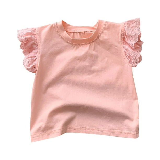 Gibobby Playeras Deportivas Camiseta de manga voladora con cuello redondo Simple de Color sólido de verano para niñas, informal para niños de 0 a 6 años (Rosa, 5-6 Años)
