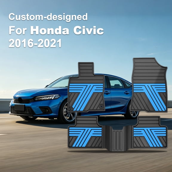 Custom Fit Rubber Car Floor Mats Fit for Honda Civic Sedan 2016-2021 & Hatchback 2017-2021 & Coupe 2016-2020, All Weather Custom Fit Anti-Slip Car Mats for Civic, 1st & 2nd Row, Black&Blue