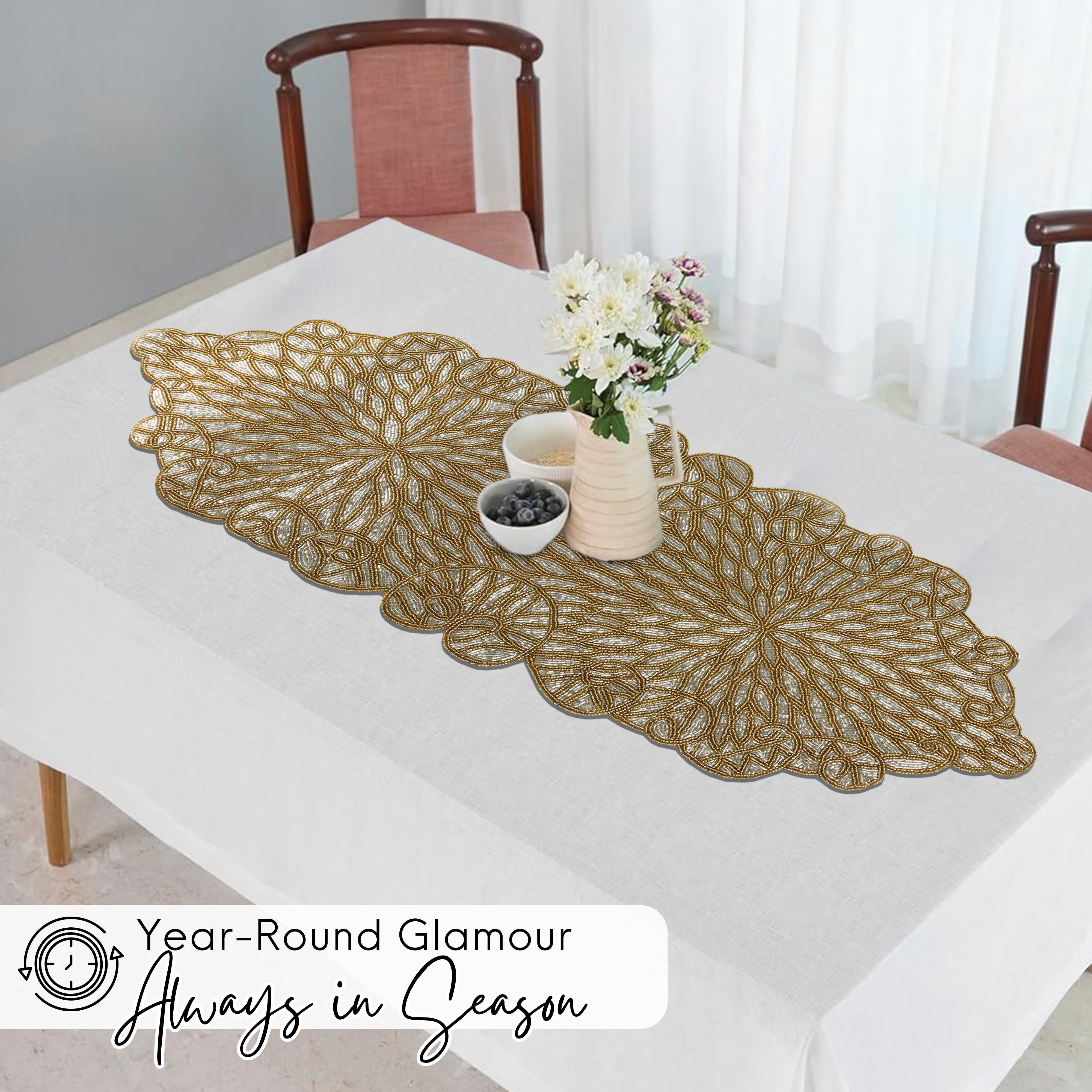 Glass Beaded Handmade Table Runner - Stylish Centerpiece for Parties and Weddings (Gold)