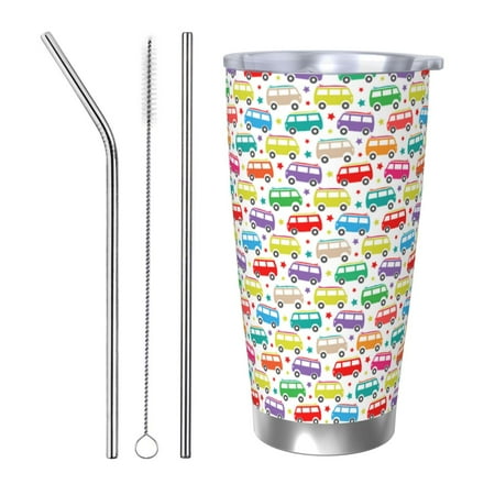 

Cauagu Colorful Bus Pattern 20oz Tumbler Stainless Steel Vacuum Insulated Tumbler with Lid Insulated Coffee Mug Thermal Cup with Splash Proof Sliding Lid-Straw Three-piece Set