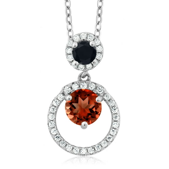 Gem Stone King 925 Sterling Silver Red Garnet and Black Onyx Pendant Necklace for Women (1.82 Cttw, Gemstone January Birthstone, Round 6MM and 4MM)