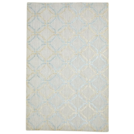 Jacquard Loom Beige Wool Silk Rug 5X8 Modern Moroccan Trellis Room Size Carpet — Jacquard Loom  Made of Wool;Viscose — Handmade  Power Loomed  Highly Durable Rug  Lasts for years — Flat Pile Height  Cropped Thin Low Pile — Trellis Pattern  Regional Design: Moroccan Modern Style Rug — Colors in this rug are Beige — One of a Kind  Unique Size: 5  x 8  ft Rectangle Actual Size: 5  2  x 8  1  ft Color: Beige KPSI: N/A Thickness: 0.2 inches Has Backing? No Backing Material: N/A Material Details: 80% Wool / 20% Viscose Fringe?: No Rug Area: Room Size Rug