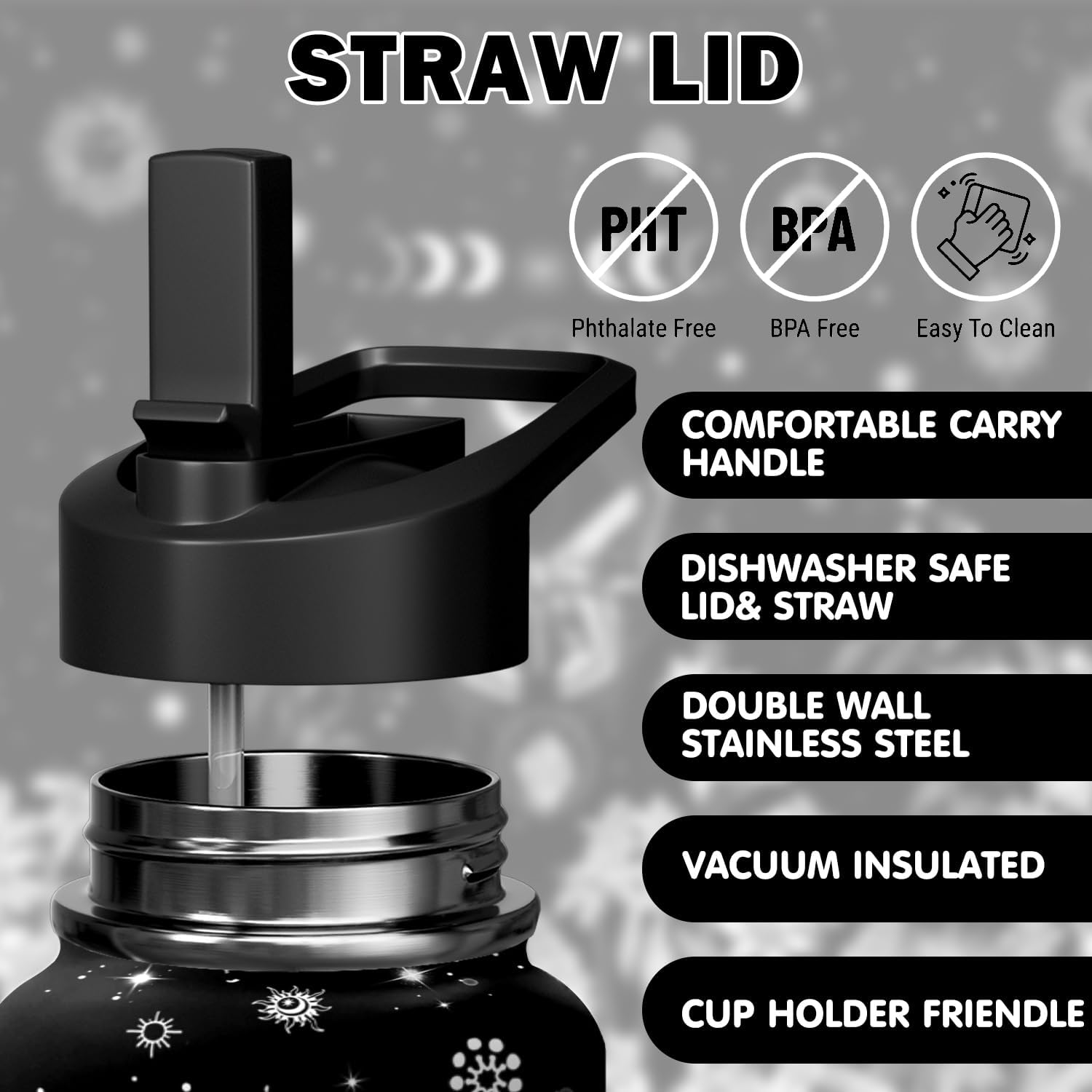 32oz Goth Water Bottle - Double Wall Vacuum Insulated Stainless Steel Tumbler with Leakproof Flip Straw & Handle, Gothic Aesthetic Travel Mug for Hot/Cold Drinks - Gift for Goth Lovers
