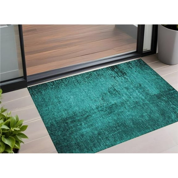 HomeRoots 562734 3 x 5 ft. Teal Abstract Washable Non Skid Indoor Outdoor Rectangle Machine Woven Area Rug