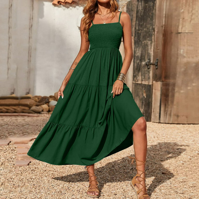 Women's Solid Color Midi Dress Beach Loose Sling Green Cotton