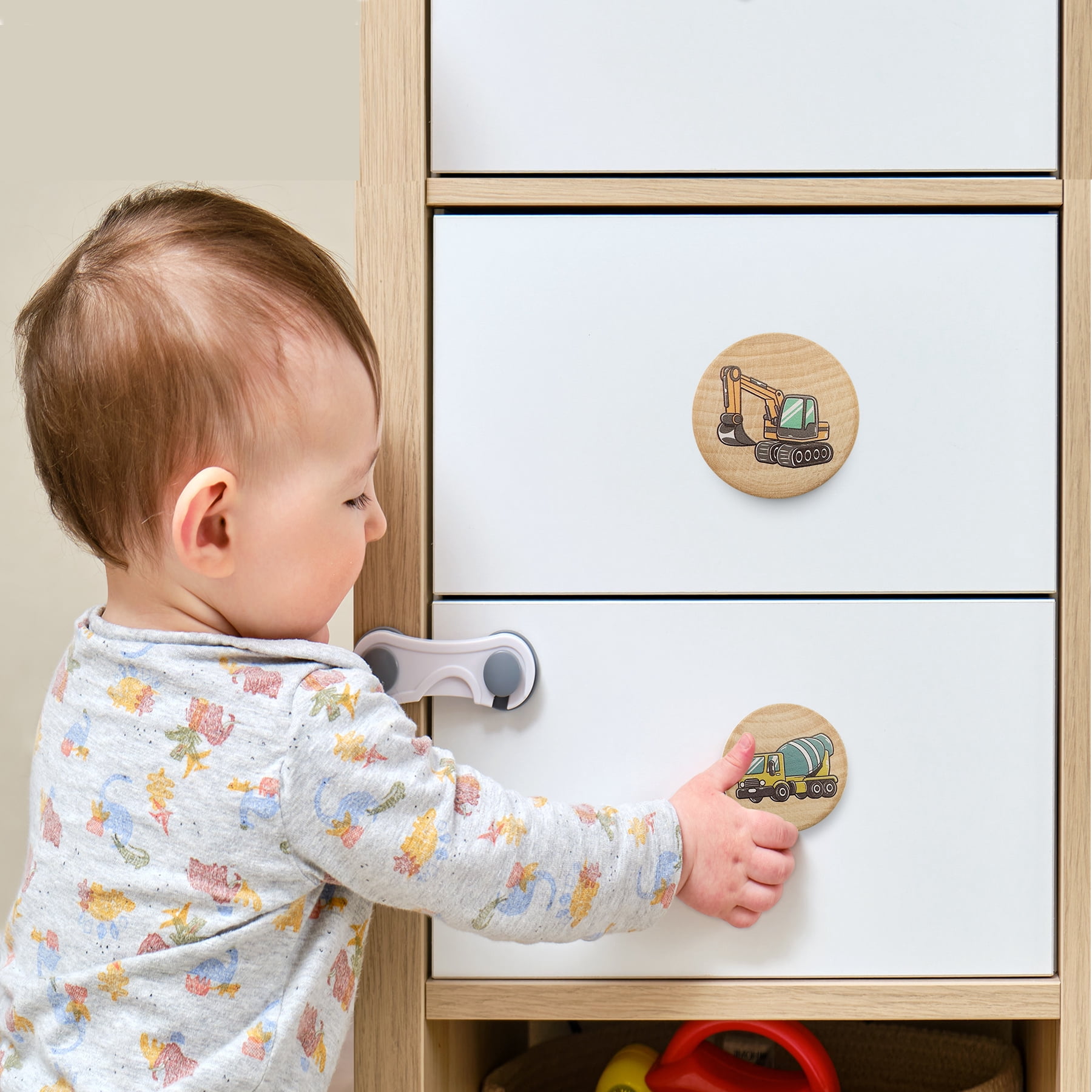 Jamjam Set of 8 Wood Kids Boy Nursery Room Construction Vehicle Trucks Cabinet Furniture Dresser Drawer Knobs and Pulls 1.8 X 1.8 Inches