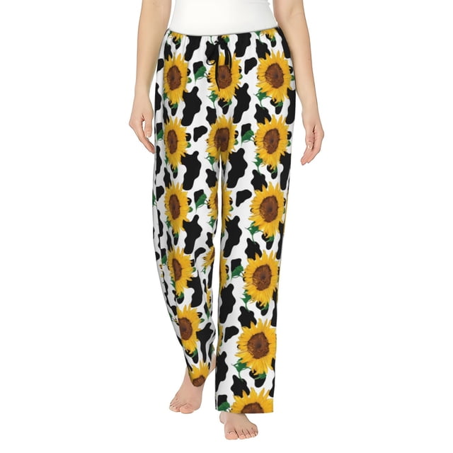 Fotbe Cute Cow Print Sunflower B Pantalones de Pijama para Mujer, Pantalones de Dormir, Pantalones Pj con Cordón y Bolsillos-XX-Large
