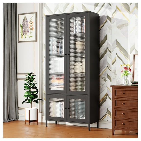 Metal Storage Cabinet with Glass Doors, 5 Shelves - Display Bookcase for Living Room, Bedroom, Office - Black, Waffle-Grid Tempered Glass Freestanding