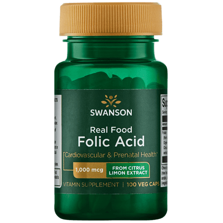 Swanson Real Food Folic Acid Vegetable Capsules, 1,000 mcg, 100 (Best Foods For Folic Acid)