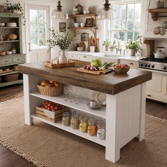Fnova 55" Kitchen Island with Storage Shelves, 3-Tier Modern Wooden Stationary Island with Seating, Large Worktop Buffet Cabinet for Kitchen, White & Brown