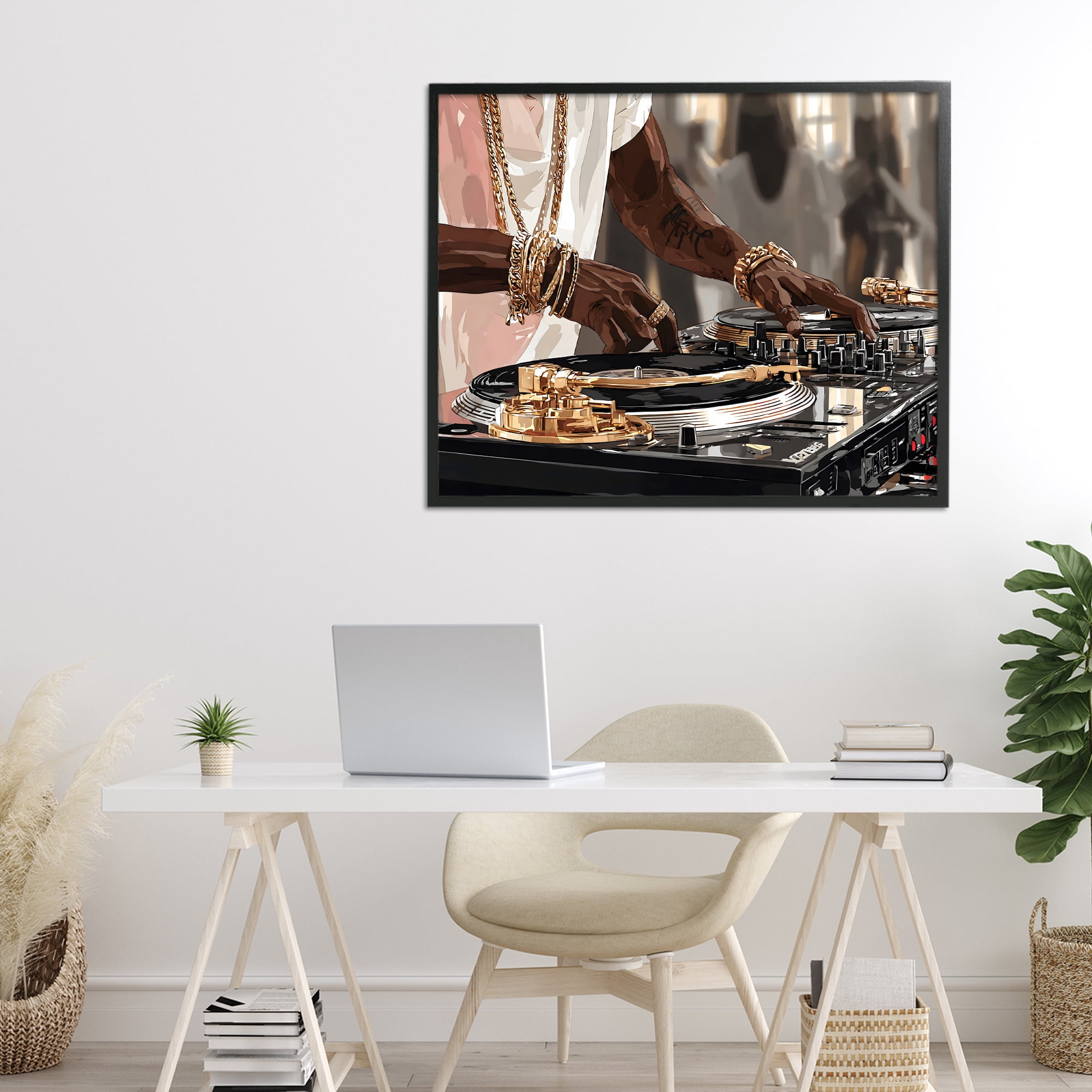 Stupell Industries Golden Sound DJ Turntables Black Framed Giclee Art, design by Franklyn Gregory