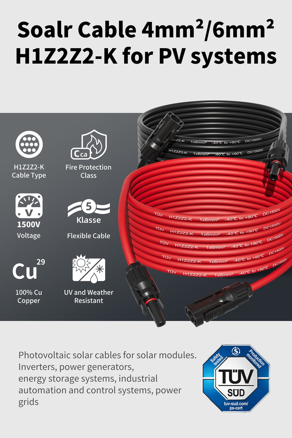 Solar Extension Cable 30Ft 10AWG, Solar Wire with Tool-Free Solar Connectors, Waterproof Solar Panel Extension Cable 6mm², PV Cable 10Gauge for Home Boat RV Solar Panels