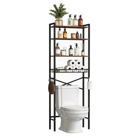 GARITIN Over The Toilet Storage Shelf, 4-Tier Bathroom Organizer with Hooks & Toilet Paper Holder, Over Toilet Storage Rack for Small Bathroom, Black