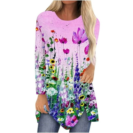 

Womens Tops Floral Print Loose Hide Belly Shirts Round Neck Long Sleeve Asymmetric Hem Shirt 2022 Fall Fashion