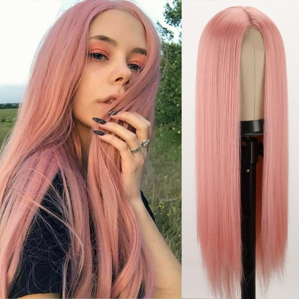 Xinran Peluca Rosa Para Mujer, Pelucas Largas Y Rectas De Color Rosa Claro Para Cosplay De Hallween, Peluca De Pelo Sintético De Parte Media Pastel Para Cosplay, Uso Diario En Fiestas