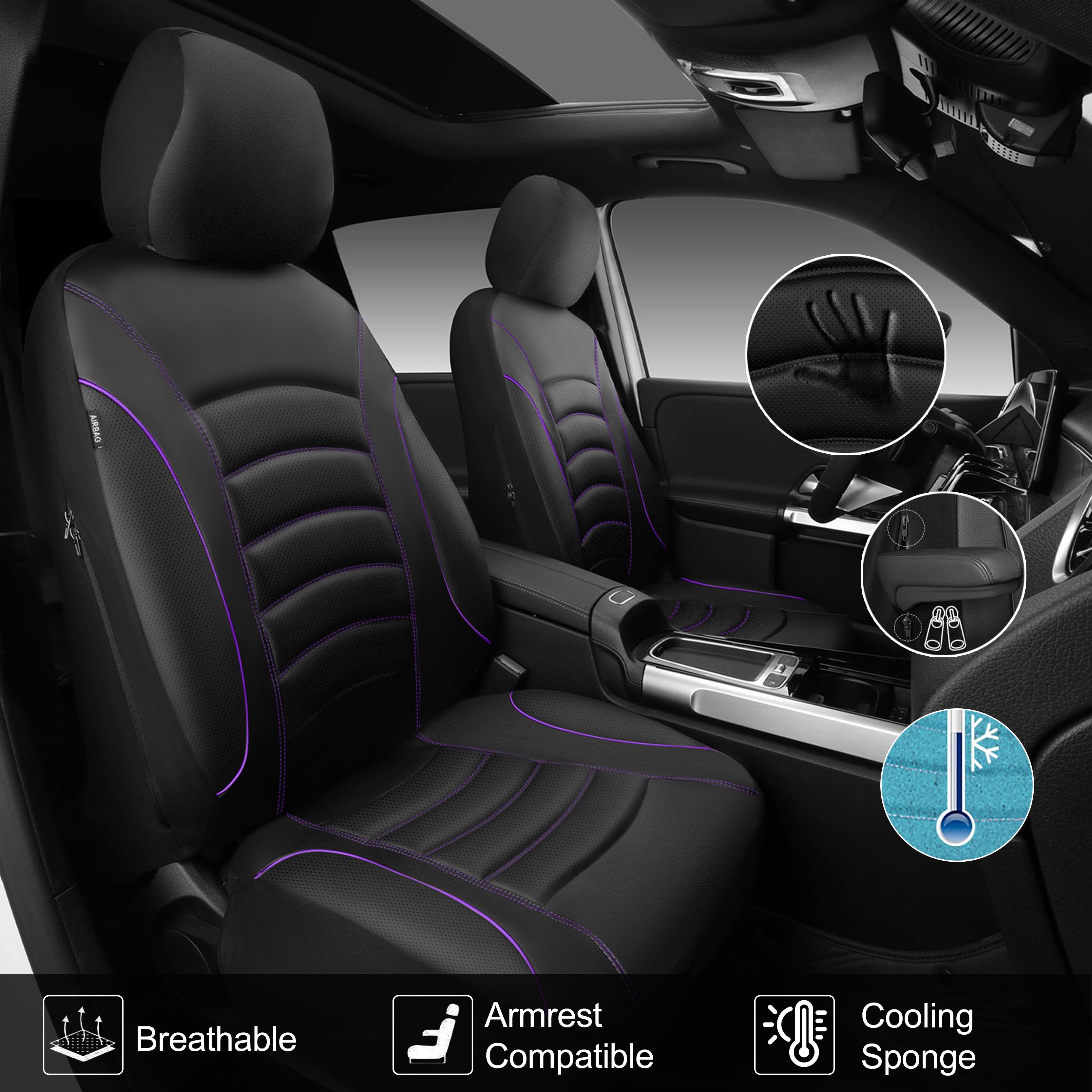 CAR GRAND PU Leather Car Seat Covers, Universal Fit Front Pair for Trucks SUV Sedan Automotive Seat Protectors Armrest Airbag Compatible Waterproof 3D Foam Comfortable Nappa Leather Purple Piping