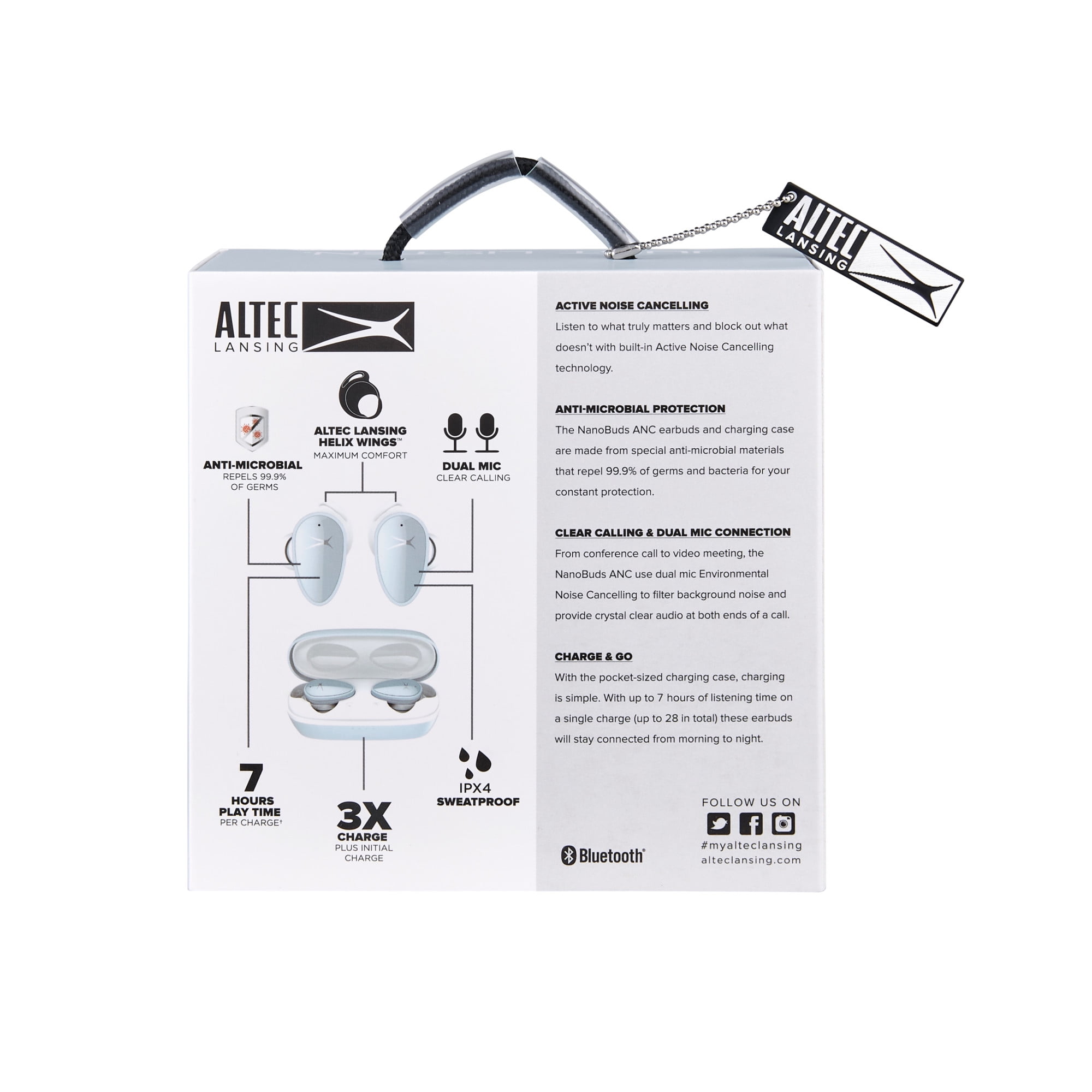 Altec Lansing NanoBuds Active Noise Cancelling Truly Wireless Earbuds, with Water Resistance, Stay-In-Place Helix Wings, Anti-Microbial Protection, 28 Hours of Total Playtime, Ice Blue