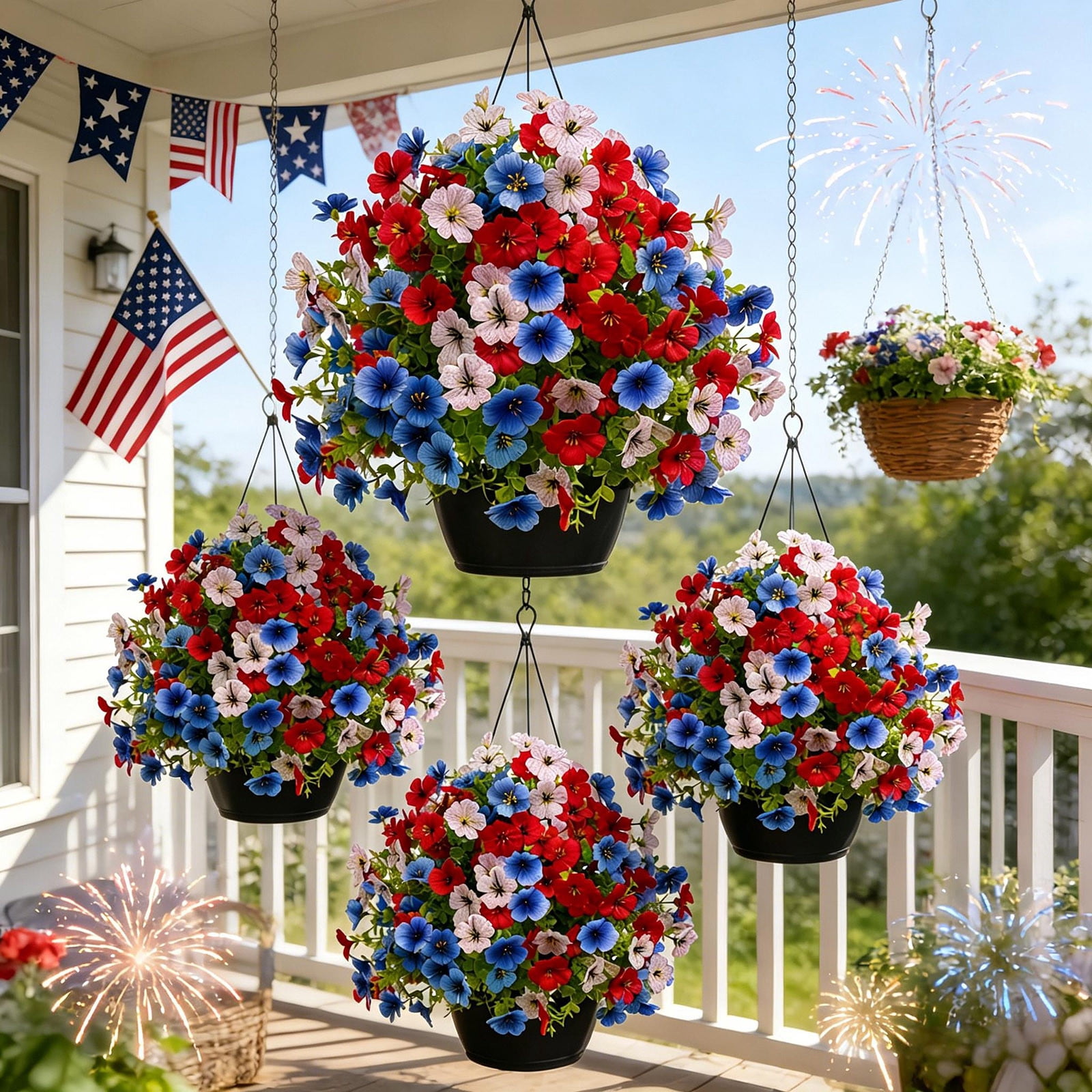 17.7in Independence Day Artificial Ground Stake Flower Tree - Red White Blue Flowers, Plastic Stalk, to Insert Soil, Floral Decor, Holiday Arrangements, Home, Outdoor, Weather-Resistant