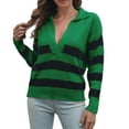 thumbnail image 1 of Pull à Col Rabattu Rayé pour Femmes Mode Décontractée Col en V Épaule Tombante Manches Longues Pull Tricoté, 1 of 6
