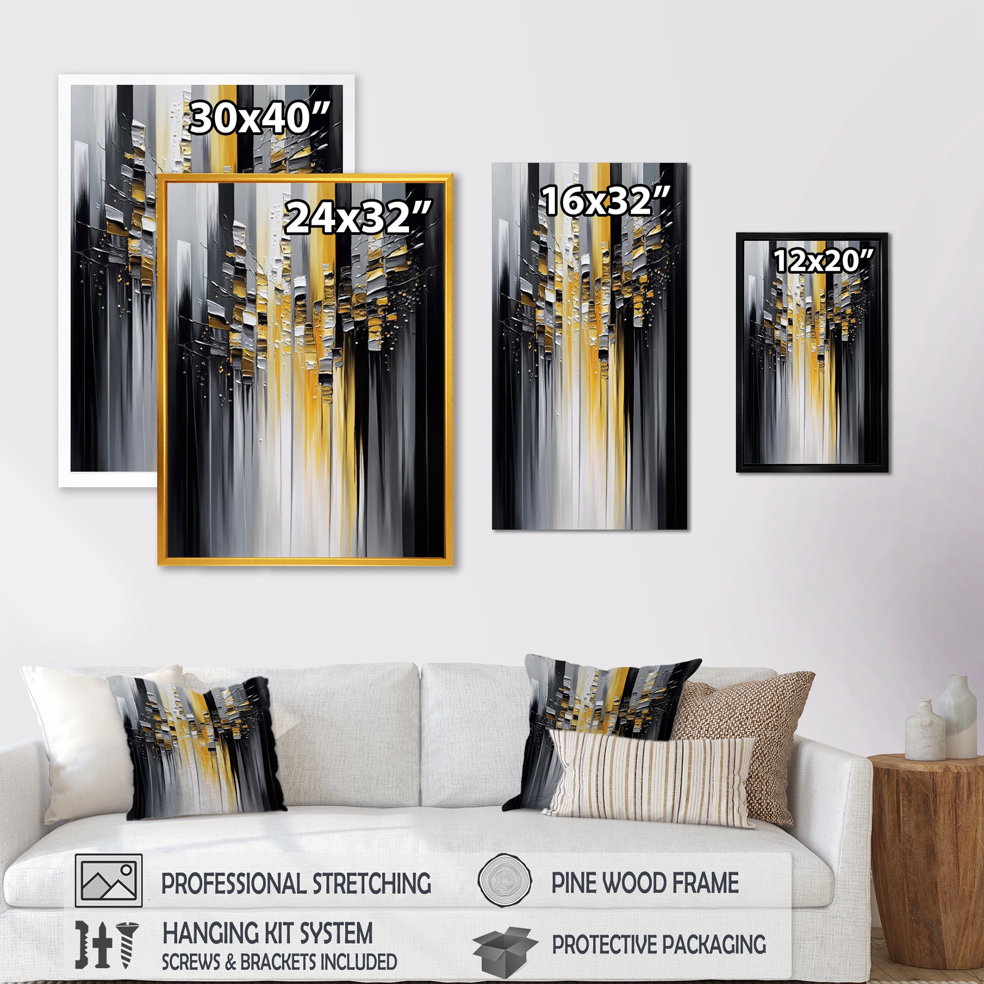 Designart Abstract Geometric Black And Yellow I Canvas Wall Art