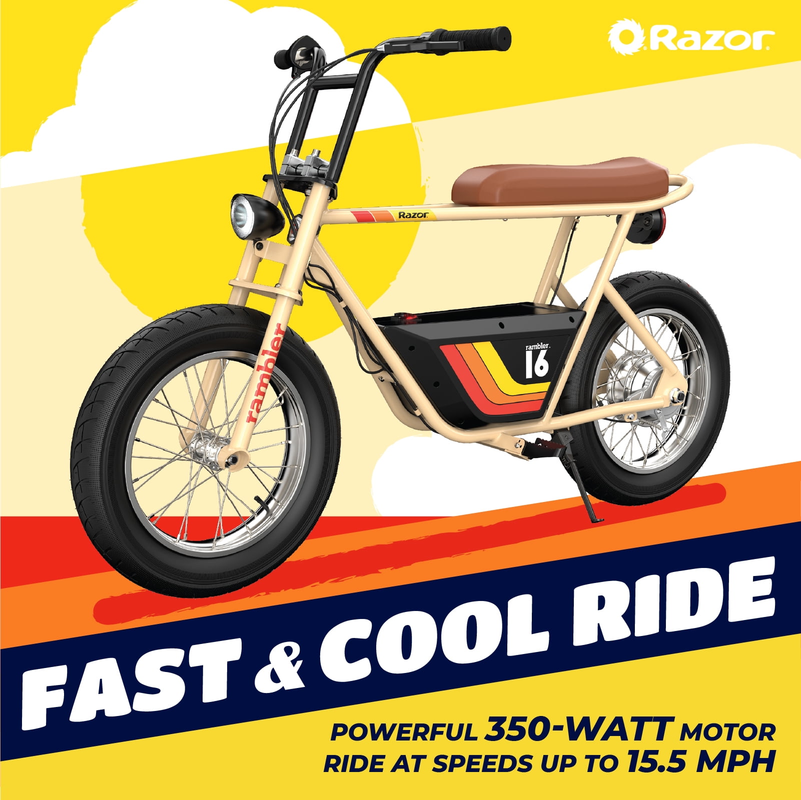 Razor Rambler 16 -Beige, 36V Seated Electric Scooter, up to 15.5 mph, Retro Style Minibike for Adult