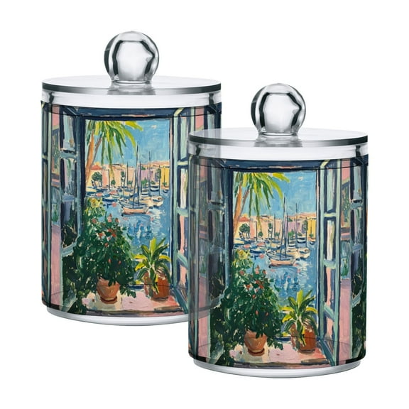 Yayeee 2 Pack Qtip Holder Bathroom Cotton Swab Canister with Lid Clear Dispenser Set, Blue Sea Boat