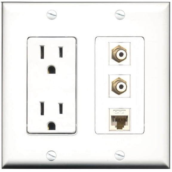 RiteAV - 15 Amp Power Outlet 2 Port RCA White 1 Port Cat6 Ethernet Ethernet White Decorative Wall Plate