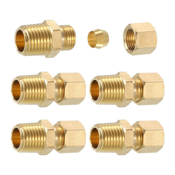 5Pack Brass Pipe Fitting, 1/4" OD x 1/4" NPT Male Brass Compression Tube Fitting, Brass Compression Union Connector, Brass Straight Coupling Adapter Fitting Fit 1/4" Pipe