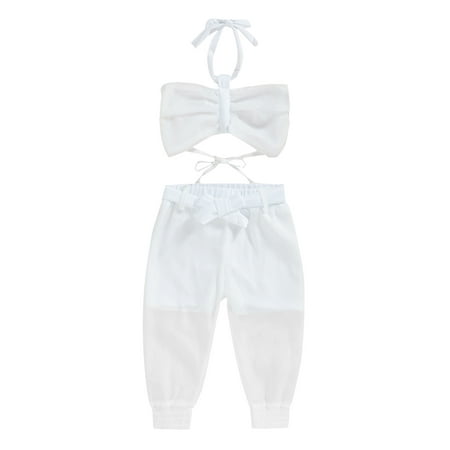 

IZhansean Toddler Baby Girls Summer Clothes Sleeveless Backless Halter Tops See-Through Long Pants 2PCS Outfits White 3-4 Years