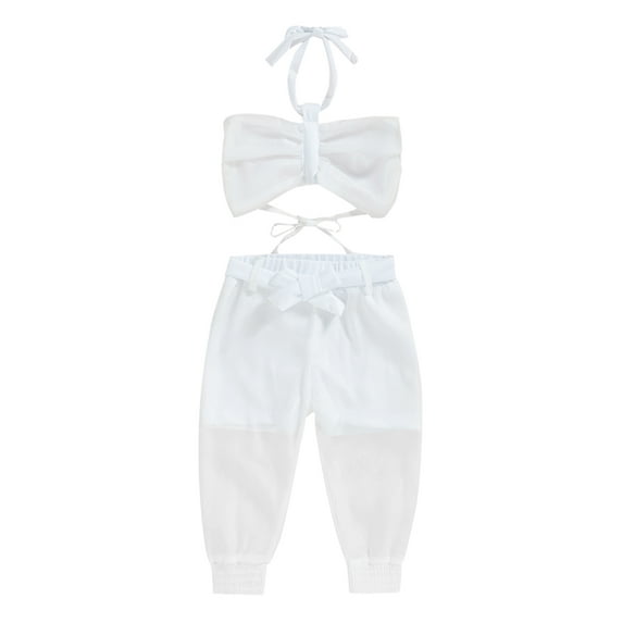Qmyliery Kids Girls Casual Suit, Solid Color Sleeveless Backless Halter Tops+See-Through Long Pants